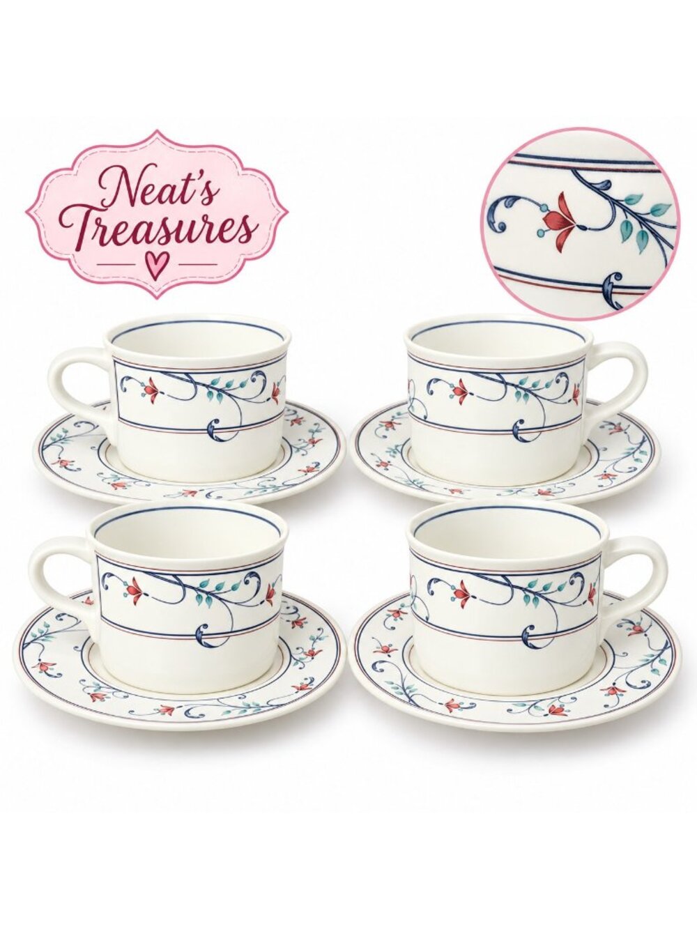 Mikasa Intaglio ANNETTE CAC20 Oven Safe Flower Scroll Flat Cups & Saucers Set 4